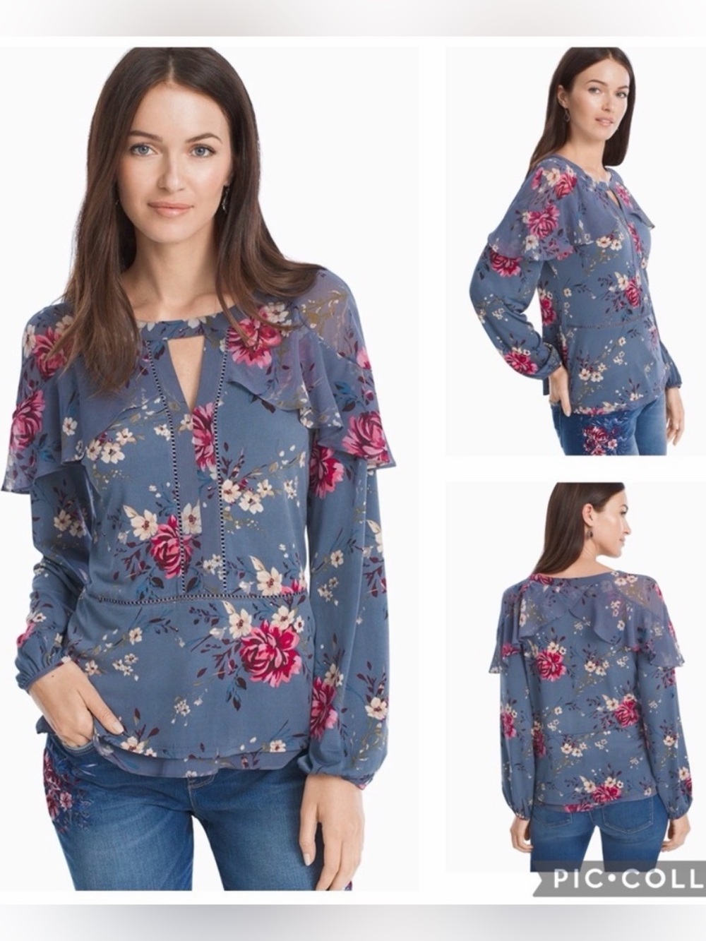 White House Black Market Long Tiered Sleeve Floral Blouse.